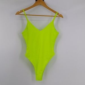 Fluogreen Sexy V-Neck Leotard Bodysuit
